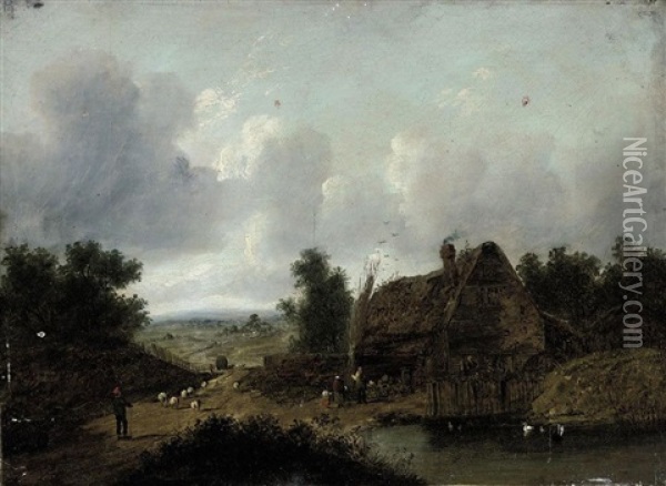Figures Beside A Cottage, A Pool In The Foreground And A Shepherd Driving His Flock Along A Country Road Oil Painting - Patrick Nasmyth