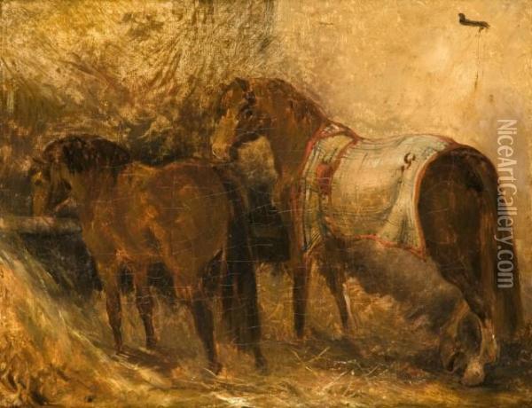 Etude De Deux Chevaux A L'ecurie Oil Painting - Theodore Gericault