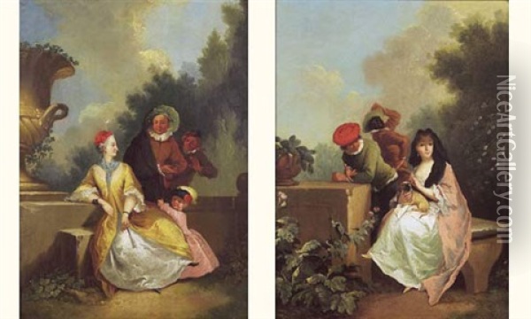 Jeune Femme Assise Avec Son Carlin Dans Un Parc (+ Reunion Galante Dans Un Parc; Pair) Oil Painting - Christian Wilhelm Ernst Dietrich