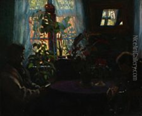 Livingroom Interior With Two Persons Oil Painting - Valdemar Kornerup