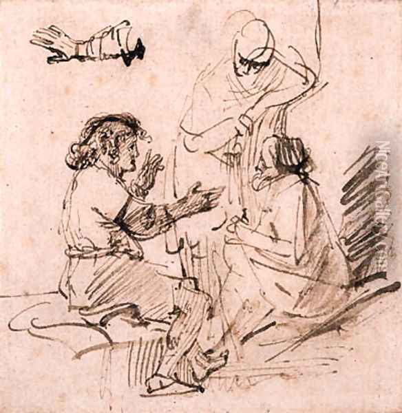 Joseph in Prison interpreting the Dreams of the Pharaoh's Baker and Butler, and a subsidiary study of an arm gesturing Oil Painting - Rembrandt Van Rijn