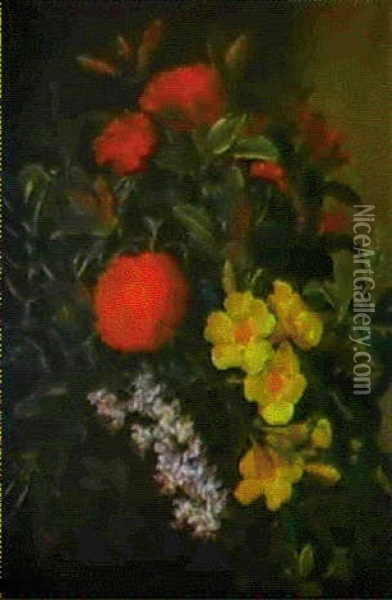 Blomsterstilleben Med Rod Ixora, Gul Allamanda Og Orkidegren Oil Painting -  Augusta Princess of Hesse-Cassel