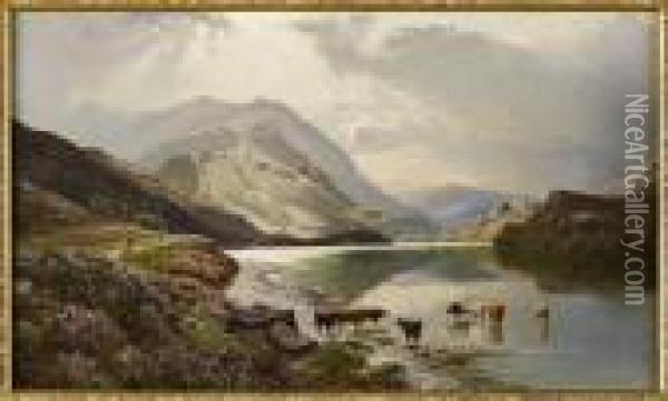Cattle Watering On The Banks Of A Loch Oil Painting - Sidney Richard Percy