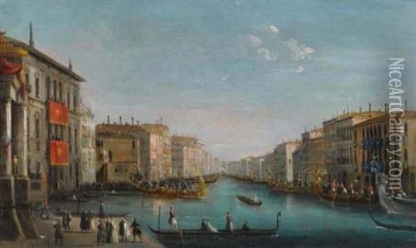 Venice, A View Of The Grand Canal From The Palazzo Balbi Looking Toward The Rialto Bridge With A Regata Oil Painting - Giuseppe Bernardino Bison