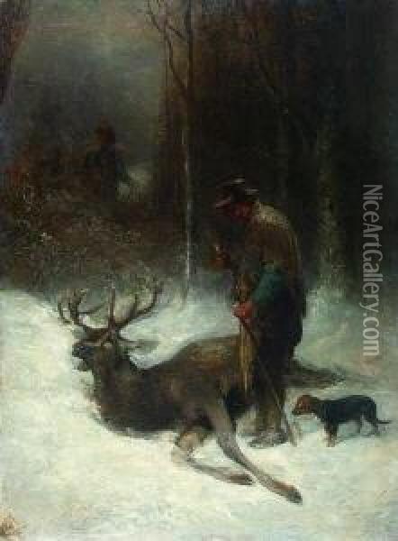 Der Aufgefundene Hirsch. Oil Painting - Anton Burger