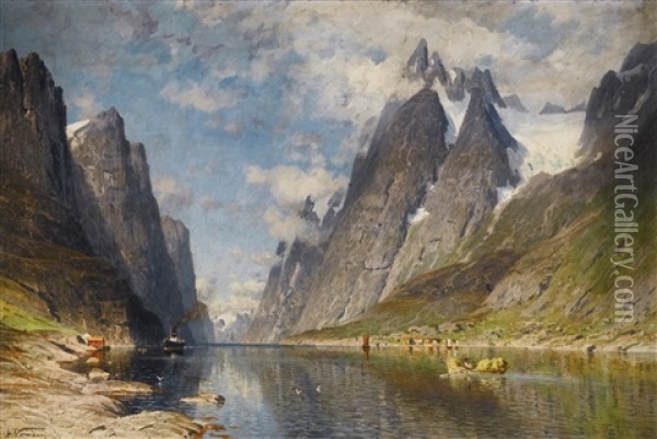 A Norwegian Fjord (possibly The Sognefjord) Oil Painting - Adelsteen Normann