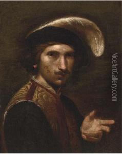 Portrait Of A Gentleman, Bust-length, Wearing A Feathered Cap Oil Painting - Bartolomeo Manfredi
