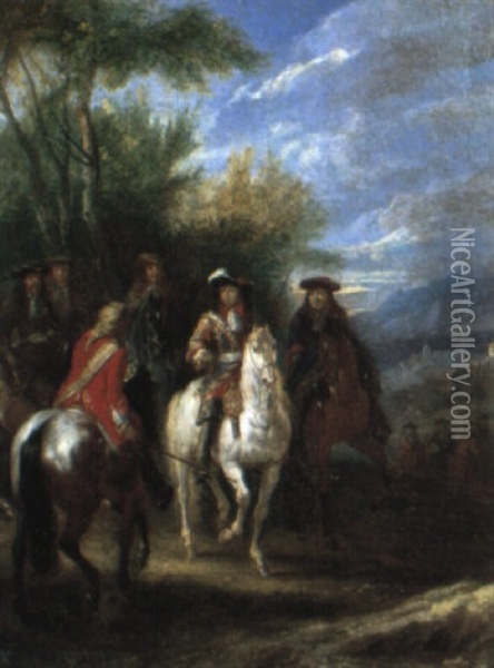 Louis Xiv Entoure De Cavaliers Oil Painting - Adam Frans van der Meulen