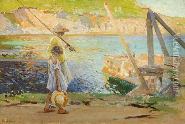Two Young Fishergirls At Lamorna Cove Oil Painting - Frank Gascoigne Heath