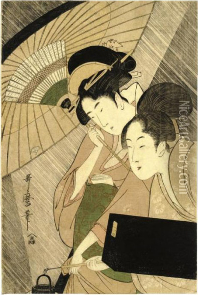 Geisha And Attendant On A Rainy Night Oil Painting - Kitagawa Utamaro