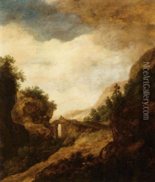 A Mountainous Wooded Landscape With Travellers On A Bridge Oil Painting - Pieter De Molijn
