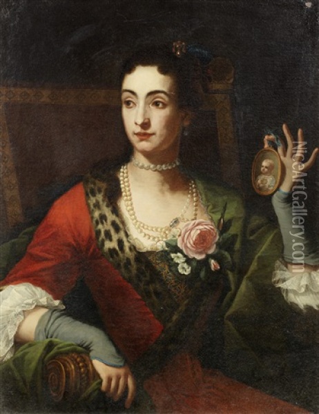 Portrait Of A Lady, Half-length, In A Red Fur-trimmed Dress And A Pearl Necklace, Seated, Holding A Miniature Of An Infant Oil Painting - Giuseppe Bonito
