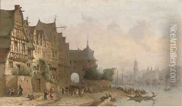 Along the Rhine, a busy continental town view Oil Painting - Clarkson Stanfield