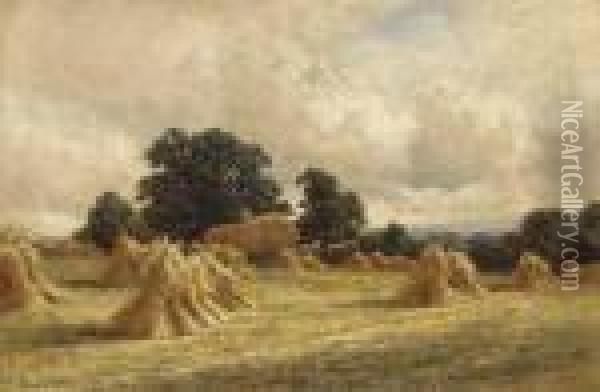 Haystacks In A Summer Landscape Oil Painting - Henry Hillier Parker