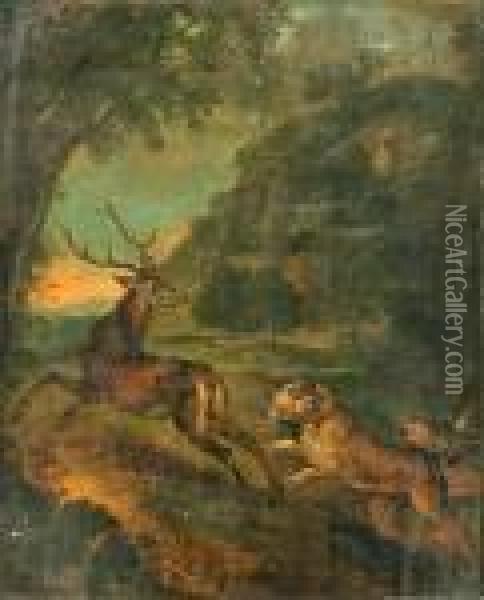 Stag Hunt And Boar Hunt: Two Oil Painting - Johann Elias Ridinger or Riedinger