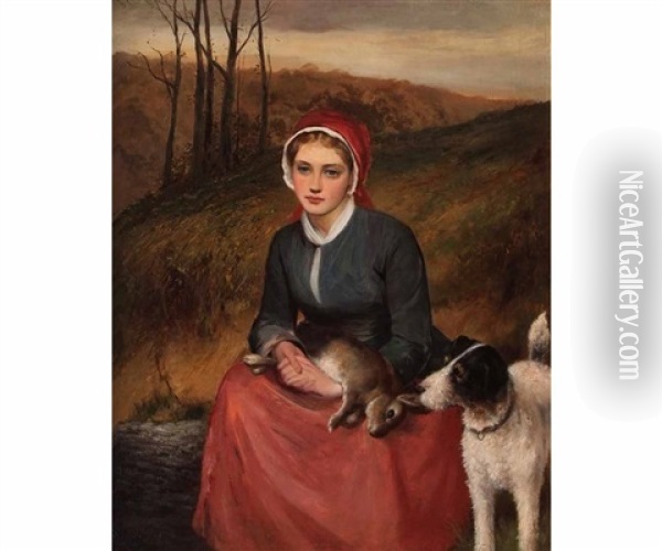 Seated Lady With Terrier And Rabbit Oil Painting - Charles Sillem Lidderdale