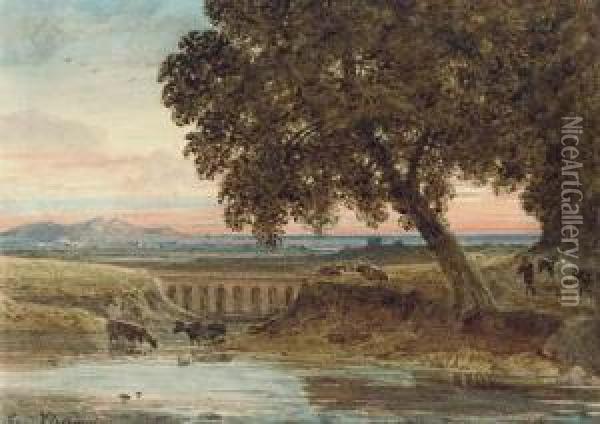 Cattle Watering By A Viaduct In The Evening Light Oil Painting - George Jnr Barrett