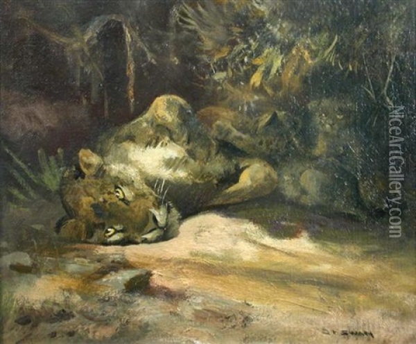 Lioness With Cubs Oil Painting - Cuthbert Edmund Swan