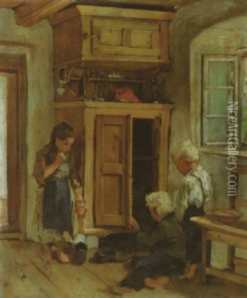 Spielende Kinder In Der Bauernkuche Vor Einem Offenen Schrank Oil Painting - Peter Baumgartner