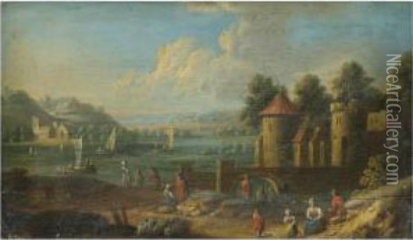 An Extensive River Landscape With Figures Resting By A Fortification In The Foreground Oil Painting - Marc Baets