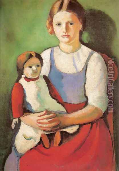 Blond Girl with Doll (Blondes Madchen mit Puppe) Oil Painting - August Macke