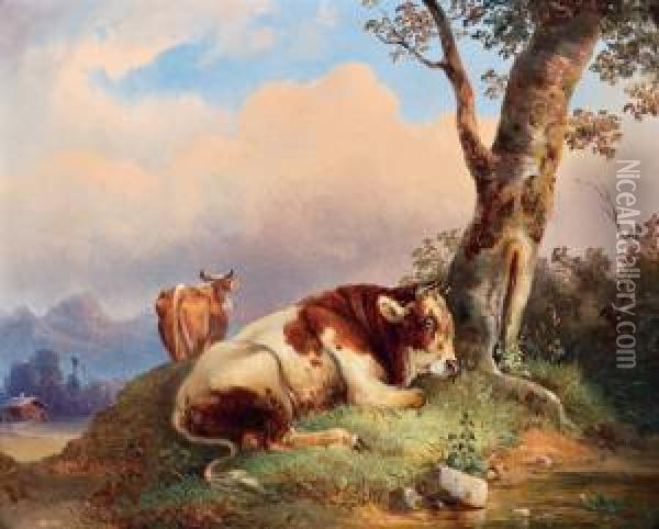 Kuhe Auf Der Weide Oil Painting - Edmund Mahlknecht