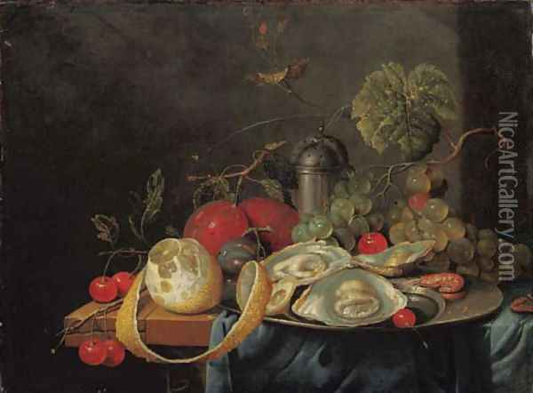 Oysters and a prawn on a pewter plate, a partly peeled lemon, plums, grapes and cherries on a partly draped table Oil Painting - Guilliam van Deynum