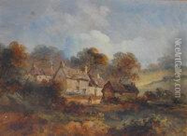 M Mascall - Landscape Scene With Cottages And Figure Oil Painting - Christopher Mark Maskell
