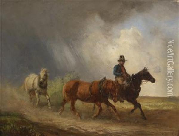 Rider And Two Horses In A Landscape Oil Painting - Alois Bach
