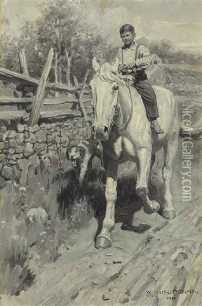 Boy On Horseback (i Cannot Remember When I Was Not At Home On The Back Of A Horse... At The Age Of Six I Was Given A Horse Of My Own) Oil Painting - William Herbert Dunton