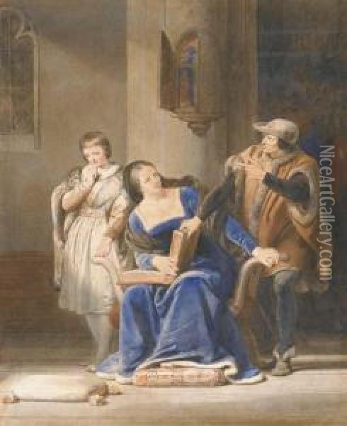 Une Femme Assise Lisant Un Livre Pres D'un Garcon Debout Oil Painting - Alexandre Evariste Fragonard