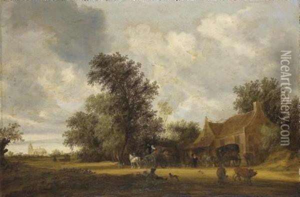 A Wooded Landscape With Cattle, Carriages On A Track And An Inn, A Church Beyond Oil Painting - Salomon van Ruysdael
