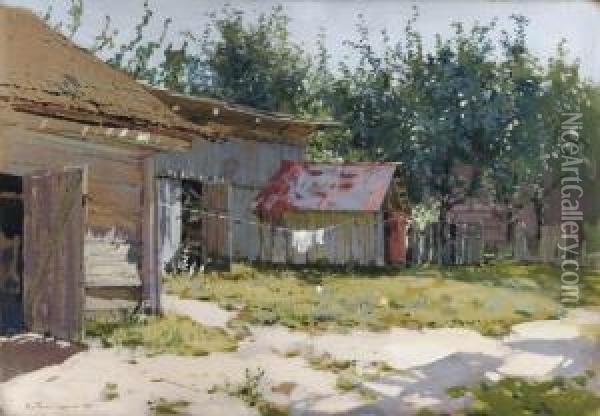 A Backyard In Summer Oil Painting - Mikhail Markelovich Guzhavin