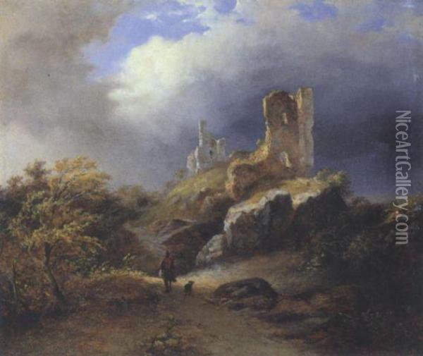 Einer Burgruine Und Einem Jager Oil Painting - Pierre Louis Dubourcq