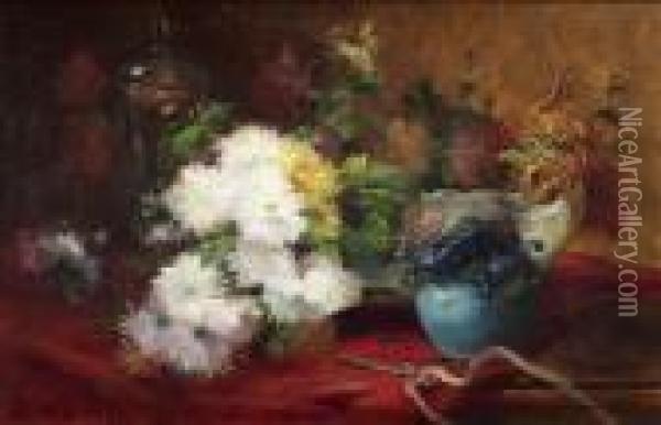 Still Life With Chrysanthemums, Glass Goblet And Shell Shaped Bowl. Oil/canvas, Signed Oil Painting - Eugene Henri Cauchois
