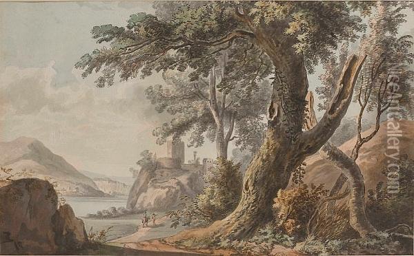 Travellers Approaching A Riverside Castle Oil Painting - Paul Sandby