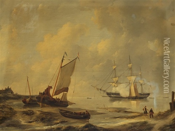 Shipping At A Shore Oil Painting - Johannes Christiaan Schotel