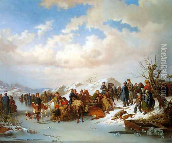 A Village Gathering along a Frozen River Oil Painting - Kilian Christoffer Zoll