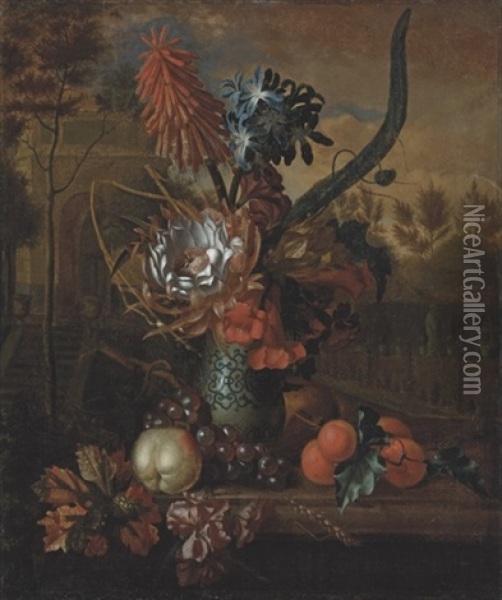 A Torch Lily, Agapanthus, Proteas, Trumpet Vine And Marigolds In A Kraak Porcelain Vase Oil Painting - Karel Borchaert Voet