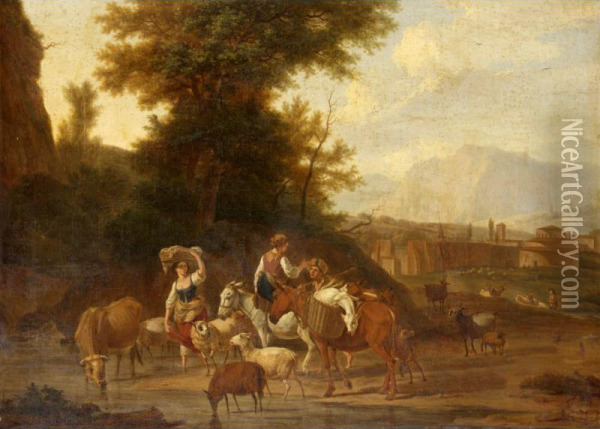 An Italianate Landscape With Drovers Watering Their Animals Oil Painting - Nicolas Henri Joseph De Fassin