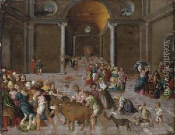 Christ Driving The Tradesmen From The Temple Oil Painting - Jacopo Bassano (Jacopo da Ponte)