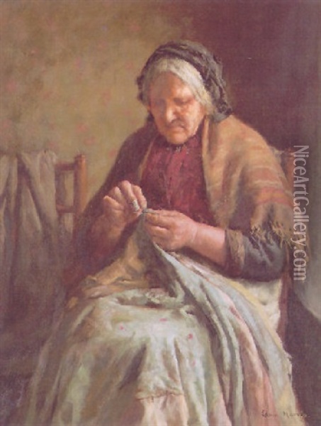 Mending The Quilt Oil Painting - Edwin Harris
