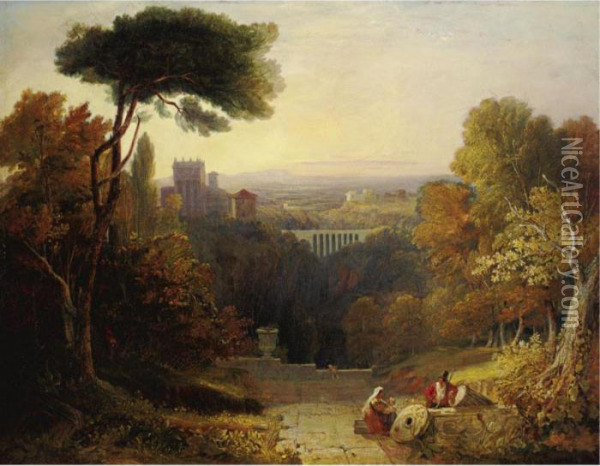 Italianate Landscape With Travelers Resting And A Castle Beyond Oil Painting - William Havell