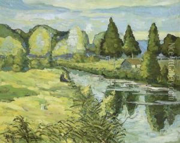 Pecheur Au Bord Du Canal Oil Painting - Alexander Altmann