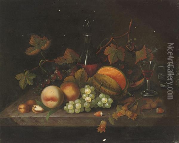 Peaches, Grapes And Hazlenuts On A Marble Ledge, With A Decanterand Glasses Of Wine And Water Oil Painting - William Jones Of Bath
