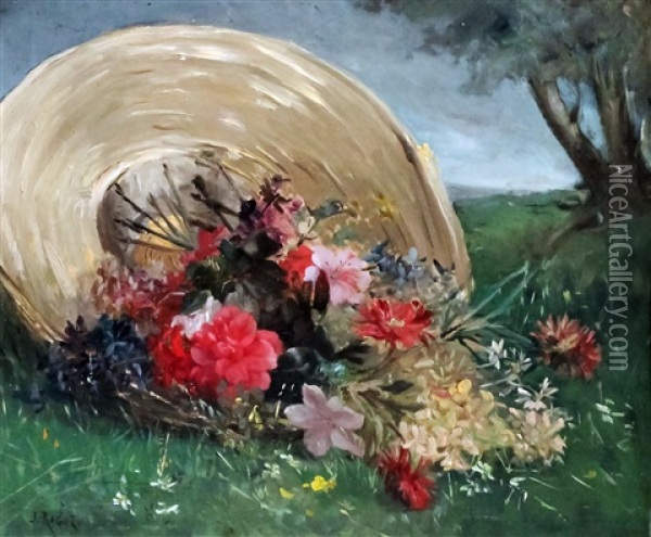 Still Life With Spray Of Mixed Flowers And Straw Hat On A Grassy Bank Oil Painting - Jules Felix Ragot