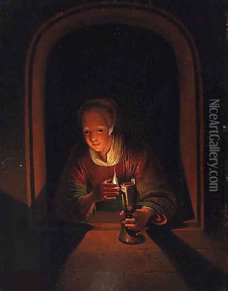 A young woman at a casement with a lamp Oil Painting - Gerrit Dou