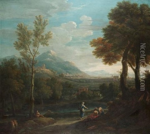 An Italianate Landscape With Classical Figures Beside A Lake In The Foreground, A Roman Coastal Town And Mountains Beyond Oil Painting - Jan Frans van Bloemen