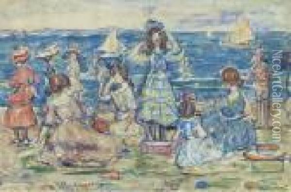 Beach Scene With Boats Oil Painting - Maurice Brazil Prendergast