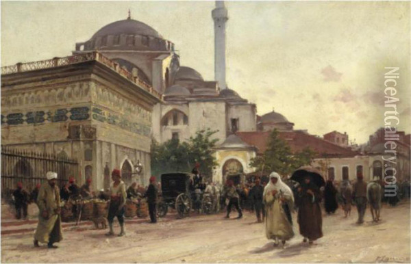 The Tophane Fountain And Kilic Ali Pasha Mosque, Istanbul Oil Painting - Fausto Zonaro